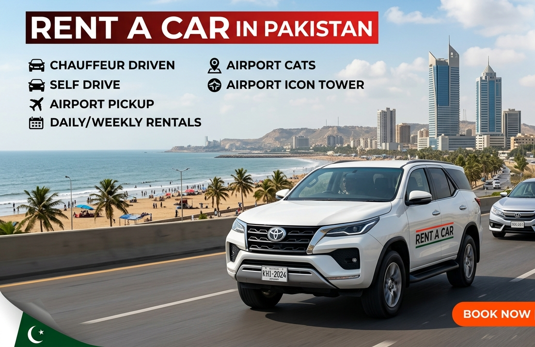 Evergreen Automotive car rental office storefront in Karachi showing budget fuel efficient cars